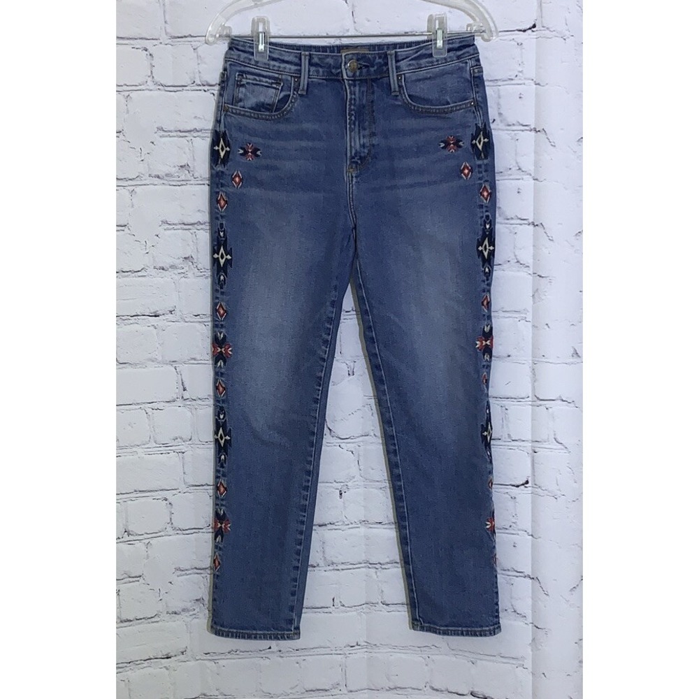 Driftwood Jeans Womens 27 Gizelle Girlfriend Skinny Aztec Embroidered Blue Denim